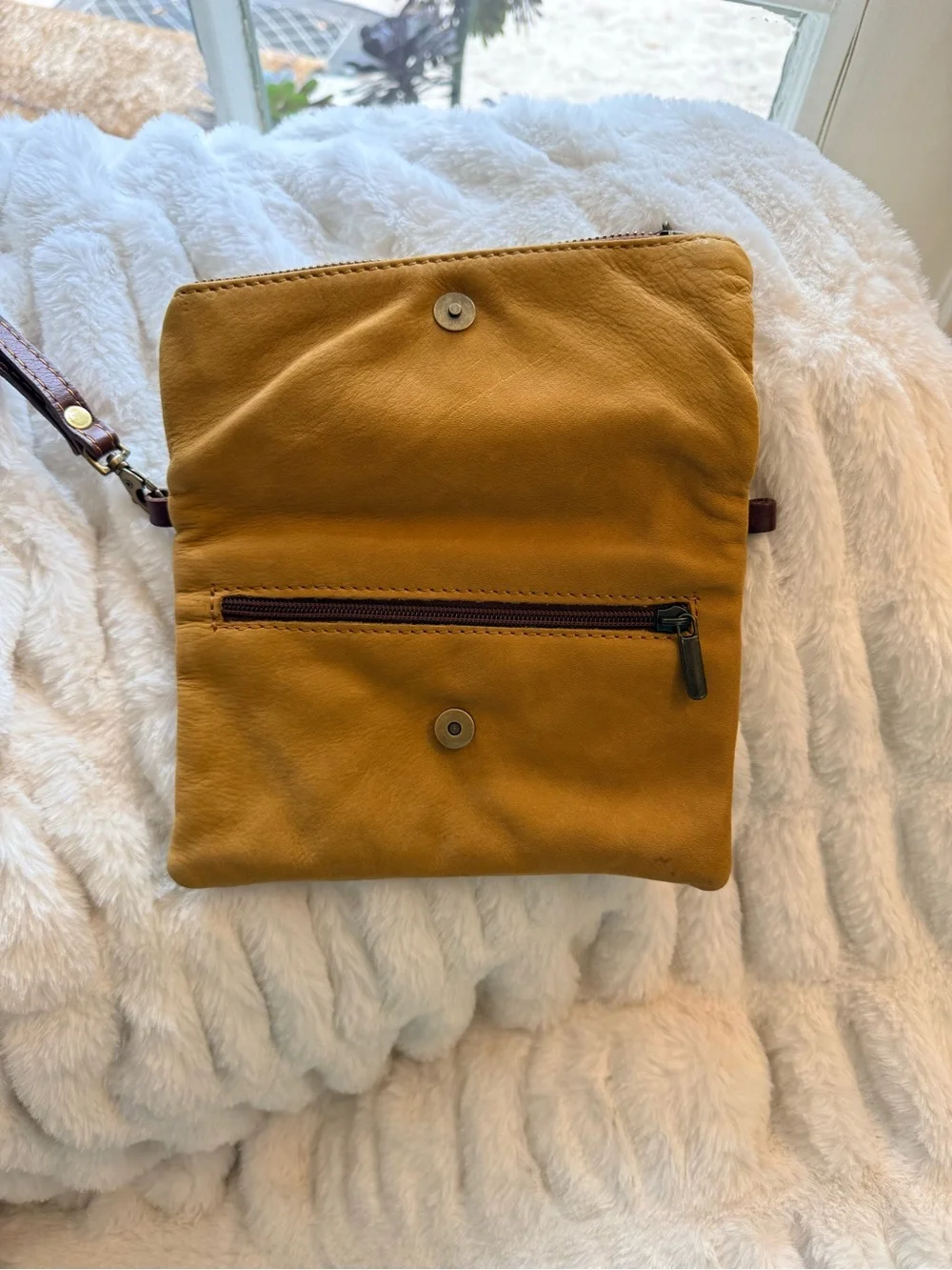 Toscana Mustard Yellow Nubuck Leather Wristlet Clutch with Brown Strap